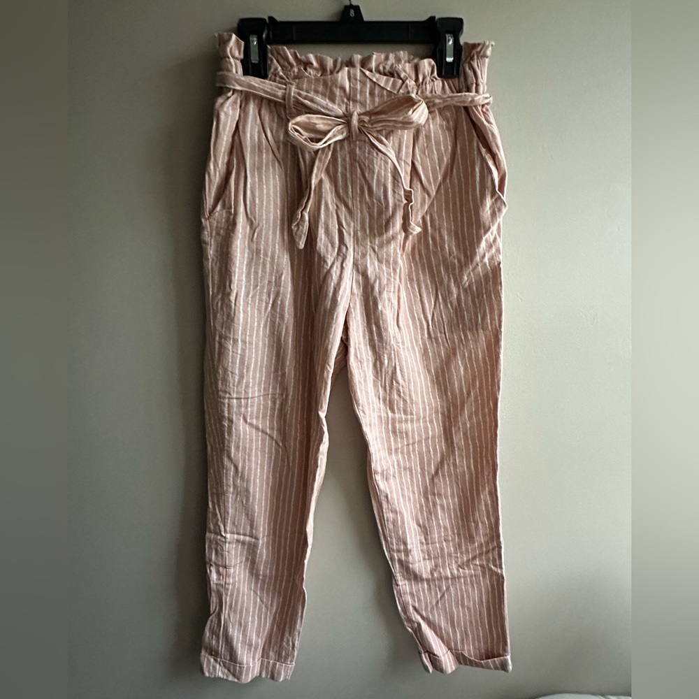 Sienna Sky, pink and white striped sack pants with belt